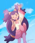  1girl ;d arm_up bangs bow brown_eyes cloud collarbone commentary_request day eyelashes gym_leader hand_up head_tilt highres iris_(pokemon) long_hair looking_at_viewer mei_(maysroom) one_eye_closed open_mouth outdoors pink_bow pokemon pokemon_(game) pokemon_bw purple_hair signature sky smile solo spread_fingers teeth tied_hair tongue very_long_hair 