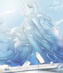  akira_(meltyhip) blue_hair blue_sclera blue_skin blue_sky cephalopod_eyes closed_mouth colored_sclera colored_skin day giant giantess hand_up looking_at_viewer monster_girl original outdoors ship signature sky slime_girl twitter_username watercraft waves wavy_mouth 