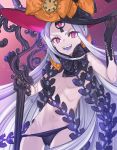  1girl abigail_williams_(fate/grand_order) absurdres bow breasts datyun fate/grand_order fate_(series) grey_hair hat hat_bow highres keyhole long_hair looking_at_viewer multiple_bows multiple_hat_bows navel open_mouth pink_eyes revealing_clothes ribbon small_breasts solo third_eye very_long_hair witch_hat 