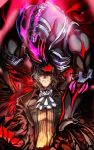  1boy antonio_salieri_(fate/grand_order) black_suit claws corruption cravat dark_persona energy european_clothes fangs fate/grand_order fate_(series) formal grey_hair highres long_sleeves looking_at_viewer lying male_focus monster nonono_nagata on_back pinstripe_suit red_eyes shirt short_hair striped striped_shirt suit 