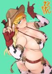  1girl 2021 ;q \n/ animal_print ass belt bikini blonde_hair blue_eyes blush breasts chaps chinese_zodiac cleavage collarbone commentary_request cow_horns cow_print cowboy cowboy_hat cowboy_shot curvy detached_sleeves earrings eva_(neone) fake_horns fingerless_gloves fingernails from_behind gloves green_background hat heart heart-shaped_pupils horn_ornament horns horns_pose huge_breasts jewelry leather_belt licking_lips lips long_hair looking_at_viewer looking_back micro_bikini mismatched_gloves nail_polish neone nose_blush one_eye_closed original print_bikini print_legwear print_sleeves red_nails sideboob single_fingerless_glove skindentation solo spaghetti_strap standing strap_gap studded_belt swimsuit symbol-shaped_pupils tassel thick_thighs thighs tongue tongue_out twisted_torso underboob western year_of_the_ox 
