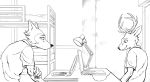  2021 absurd_res anthro antlers beastars bed bedroom black_and_white canid canine canis cervid clothed clothing computer dress_shirt duo ffog furniture hi_res horn inside lamp laptop legoshi_(beastars) looking_at_computer looking_at_object louis_(beastars) male mammal monochrome shirt side_view sitting smile table topwear wolf 