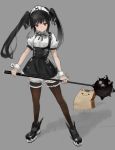  1girl :3 absurdres animal_ears bag bangs black_dress black_footwear black_hair black_legwear black_neckwear black_ribbon breasts cat_ears closed_mouth creature dress expressionless full_body grass grey_background hara_shoutarou highres holding holding_weapon kooh legband long_hair looking_at_viewer maid_headdress neck_ribbon pangya paper_bag polearm puffy_short_sleeves puffy_sleeves red_eyes ribbon shadow short_sleeves simple_background small_breasts solo spiked_mace standing thighhighs twintails weapon wrist_cuffs 