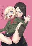  2girls absurdres bangs black_hair black_legwear black_skirt blonde_hair blue_eyes blush bob_cut cameltoe commentary fang frown girls_und_panzer gogongzid green_jacket highres holding_person insignia jacket katyusha_(girls_und_panzer) lifting_person long_hair long_sleeves looking_at_another looking_back miniskirt multiple_girls nonna_(girls_und_panzer) open_mouth panties pantyshot pink_background pleated_skirt pravda_school_uniform red_panties red_shirt saliva school_uniform shirt short_hair simple_background skirt smile socks spread_legs standing swept_bangs turtleneck underwear 