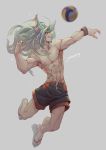  1boy abs animal_ear_fluff animal_ears artist_name black_shorts bunny_ears collarbone commentary dragalia_lost eyes_visible_through_hair flip-flops full_body green_hair grey_background grin highres jokerpang jumping long_hair looking_to_the_side luca_(dragalia_lost) male_focus motion_blur nipples red_eyes sandals shirtless shorts simple_background smile solo symbol_commentary teeth toned toned_male volleyball white_footwear wristband 