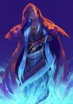  1boy alternate_costume belt blue_hair bracelet cape closed_mouth cu_chulainn_(fate)_(all) cu_chulainn_(fate/grand_order) cu_chulainn_alter_(fate/grand_order) earrings fate/grand_order fate_(series) frown hood hood_up hooded_cape jewelry kahunout long_hair male_focus red_eyes shiny skin_tight solo tail type-moon very_long_hair 