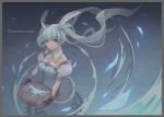  1girl animal_ears bangs black_footwear blue_dress border breasts bunny_ears character_name chinese_commentary chronomancer_(tree_of_savior) clock collar commentary_request detached_collar dress eyebrows_visible_through_hair full_body grey_border holding holding_pocket_watch jokerpang large_breasts light_blue_hair long_hair looking_at_viewer number_print oversized_object parted_lips puffy_short_sleeves puffy_sleeves purple_eyes roman_numeral shoes short_sleeves socks solo standing tree_of_savior watch white_collar white_legwear 