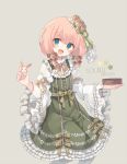  1girl :d bangs blush bow character_name commentary dress eyebrows_visible_through_hair flower frilled_dress frills gothic_wa_mahou_otome green_bow green_dress green_eyes grey_background hair_between_eyes hair_flower hair_ornament hands_up holding juliet_sleeves lolita_fashion long_sleeves looking_at_viewer low_twintails open_mouth pantyhose pink_hair puffy_sleeves rento_(rukeai) rose short_twintails simple_background smile solo souffle_(gothic_wa_mahou_otome) star_(symbol) twintails twitter_username white_legwear wide_sleeves yellow_flower yellow_rose 