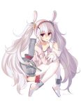  1girl :o animal_ears azur_lane bangs blush breasts brown_eyes bunny_ears camisole cannon collarbone commentary eyebrows_visible_through_hair full_body grey_hair hair_between_eyes hair_ornament hairband hands_up jacket laffey_(azur_lane) long_hair long_sleeves looking_at_viewer machinery off_shoulder open_clothes open_jacket parted_lips pink_jacket red_hairband red_skirt rento_(rukeai) shoes simple_background skirt sleeves_past_wrists small_breasts solo strap_slip thighhighs turret twintails very_long_hair white_background white_camisole white_footwear white_legwear 