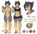  1girl angry animal_ears animal_nose artist_name black_fur black_hair bone breasts brown_eyes brown_fur character_name claws collarbone dog dog_ears dog_girl dog_tail english_commentary english_text furry gum_dung hair_between_eyes korean_text large_breasts looking_to_the_side navel original paw_print pawpads reference_sheet rottweiler short_hair simple_background solo standing tail titania two-tone_fur white_background 