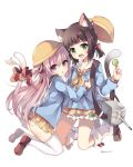  2girls :d animal_ears ass azur_lane bell black_hair black_sailor_collar blue_shirt blush bow brown_footwear candy cannon cat_ears cat_girl cat_tail commentary fang food green_eyes hair_ribbon hat hat_removed headwear_removed holding holding_candy holding_food holding_lollipop jingle_bell kindergarten_uniform kisaragi_(azur_lane) kneehighs lollipop long_sleeves looking_at_viewer looking_to_the_side loose_socks low_twintails multiple_girls mutsuki_(azur_lane) neckerchief one_side_up open_mouth parted_lips pink_hair pleated_skirt red_bow red_eyes red_ribbon rento_(rukeai) ribbon sailor_collar school_hat shirt shoe_soles short_twintails simple_background skirt smile tail tail_bell tail_bow tail_ornament tail_raised thighhighs turret twintails twitter_username white_background white_legwear white_sailor_collar yellow_headwear yellow_neckwear yellow_skirt 