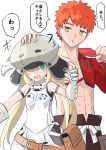  1boy 1girl abs armband artoria_pendragon_(all) artoria_pendragon_(caster) bare_shoulders belt blonde_hair blush commentary_request emiya_shirou fate/grand_order fate_(series) gloves green_eyes grey_gloves grey_headwear hat highres igote limited/zero_over orange_hair petting sengo_muramasa_(fate) sleeveless sureddo-mannan translation_request yellow_eyes 