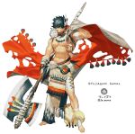  1boy abs animal animal_on_shoulder axe bandaged_arm bandaged_leg bandages barefoot belt bird black_eyes black_hair dare_ga_tame_no_alchemist facial_hair feathers hair_between_eyes holding holding_axe holding_weapon japants male_focus muscular navel official_art owl scar scar_on_mouth shirtless simple_background squirrel toenails torn torn_clothes tribal veins weapon white_background 