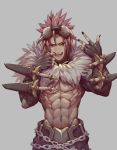  1boy abs bare_pecs black_gloves black_nails black_sleeves chain commentary dagger eyes_visible_through_hair fangs fingerless_gloves fingernails fur_collar gloves goggles goggles_on_head grey_background highres jokerpang looking_at_viewer male_focus mouth_pull open_mouth pink_hair ragnarok_online red_eyes shadow_chaser_(ragnarok_online) sheath short_hair simple_background solo spiked_hair toned toned_male uneven_eyes upper_body weapon 