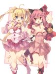  2girls :d :o ahoge animal_ear_fluff animal_ears arm_up bangs bare_shoulders bell blonde_hair blue_eyes blush boots bow breasts cat_ears cat_girl cat_tail cleavage collarbone commentary crossover detached_sleeves dress eyebrows_visible_through_hair frills gloves hair_between_eyes jingle_bell long_hair medium_breasts mermaid_melody_pichi_pichi_pitch mew_ichigo momomiya_ichigo multiple_girls nanami_lucia open_mouth paw_pose pink_dress pink_footwear pink_gloves pink_hair pink_skirt pink_sleeves pleated_dress pleated_skirt puffy_short_sleeves puffy_sleeves red_bow red_eyes red_footwear red_gloves rento_(rukeai) short_sleeves skirt smile standing standing_on_one_leg strapless strapless_dress tail tail_bell tail_bow tail_ornament tokyo_mew_mew twintails twitter_username very_long_hair 