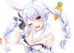  1girl ;d absurdres animal_ear_fluff animal_ears bare_shoulders black_gloves blue_hair blue_ribbon bow bra braid breasts bunny_ears carrot_hair_ornament cleavage commentary_request detached_sleeves don-chan_(usada_pekora) dress extra_ears eyebrows_behind_hair food_themed_hair_ornament fur_trim gloves hair_bow hair_ornament head_tilt highres holding holding_hair hololive long_hair looking_at_viewer multicolored_hair one_eye_closed open_mouth orange_eyes pom_pom_(clothes) puffy_short_sleeves puffy_sleeves ribbon shiro_hebi_rei short_sleeves sidelocks simple_background small_breasts smile solo thick_eyebrows twin_braids twintails two-tone_hair underwear upper_body upper_teeth usada_pekora virtual_youtuber white_background white_bow white_dress white_hair 