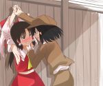  2girls against_wall animemania1106 armpits arms_up assertive_female black_eyes black_hair blush bow brown_headwear brown_jacket cabbie_hat chin_grab clenched_teeth commentary_request detached_sleeves eye_contact face-to-face hair_bow hair_tubes hakurei_reimu hand_on_another&#039;s_chin hands_together hat highres jacket long_hair looking_at_another midriff multiple_girls pointy_ears restrained ribbon-trimmed_sleeves ribbon_trim shameimaru_aya suit_jacket sweat teeth touhou wall_slam wrist_grab 
