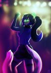  anthro black_hair blurred_background clothing domestic_cat felid feline felis female firekeeper77 green_eyes hair highlights_(coloring) legwear looking_at_viewer looking_back mammal solo solo_focus stockings story story_at_source story_in_description violet_quinn 