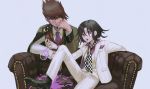  2boys :o alternate_costume black_hair blue_background brown_hair checkered checkered_neckwear closed_mouth commentary couch cup danganronpa_(series) danganronpa_v3:_killing_harmony drinking_glass facial_hair foot_out_of_frame formal goatee green_jacket hand_on_own_cheek hand_on_own_face handkerchief highres holding holding_cup jacket momota_kaito multiple_boys necktie open_mouth ouma_kokichi pin purple_eyes purple_neckwear red_vest shirt simple_background sitting spiked_hair spill star_pin suit symbol_commentary upper_body vest visket53 white_shirt white_suit wine_glass 