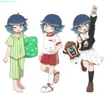  1girl arm_up black_legwear blue_hair dress green_pajamas himekawa_fubuki holding holding_pillow light_blue_hair loafers looking_at_viewer messy_hair multicolored_hair one_eye_closed pajamas pillow red_shorts sailor_collar sailor_dress school_uniform shirt shoes shorts sleepy sneakers striped striped_pajamas tabana two-tone_hair white_shirt yawning youkai_watch youkai_watch_jam:_youkai_gakuen_y 