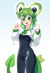  1girl black_bodysuit blush bodysuit clenched_hands commentary covered_navel english_commentary freckles green_eyes green_hair green_neckwear green_theme hands_up highres lily_(chey) long_sleeves looking_at_viewer medium_hair neckerchief open_mouth original shirt signature solo tail thick_eyebrows white_shirt yoako 