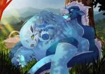  2021 4_toes 5_fingers abdominal_bulge after_vore altowovurr anthro anthro_pred anthro_prey arcanine basket belly big_belly big_tail biped black_nose blue_body blue_eyes blue_fur blue_markings blue_pawpads blue_skin blue_stripes bodily_fluids canid canine claws cramped day detailed detailed_background digital_drawing_(artwork) digital_media_(artwork) dragon duo eyebrows fan_character fangs fingers fluffy front_view fur fur_markings fur_tuft furred_dragon glowing glowing_eyes glowing_tongue grass green_eyes grey_body grey_claws grey_fur grey_markings half-closed_eyes hand_on_stomach hi_res hindpaw holding_belly holding_stomach horn internal light lighting long_tail looking_aside looking_at_own_belly looking_down lying male male_pred male_prey mammal mane markings mirthy_arcanine_(mirthyywolf) motion_lines mountain narrowed_eyes nighdruth_(character) nintendo nude on_back on_ground open_mouth open_smile oral_vore organs outside pawpads paws picnic_basket plant pok&eacute;mon pok&eacute;mon_(species) restrained saliva saliva_string same_size_vore satisfied side_view sky smile soft_vore stomach striped_body striped_fur stripes sunlight sunrise teeth three-quarter_view toes tongue tree tuft video_games vore wet white_claws white_eyebrows white_horn white_mane willing_vore yellow_sclera 