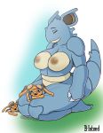  ambiguous_gender anthro anthrofied b-intend big_breasts breasts brown_nipples curvy_figure eyes_closed female hi_res larger_female mature_female nidoqueen nintendo nipples nude outside paras pok&eacute;mon pok&eacute;mon_(species) sitting size_difference smaller_ambiguous thick_thighs video_games voluptuous wide_hips 
