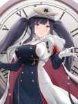  1girl azur_lane black_dress black_hair blush breasts cape clock dress hat highres keenh large_breasts long_hair looking_at_viewer military_hat mole mole_under_eye peaked_cap peter_strasser_(azur_lane) purple_eyes red_cape solo twintails two-tone_cape very_long_hair white_cape white_dress white_headwear 