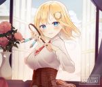  1girl :d aftergardens bangs blonde_hair blue_eyes blue_sky blush bralines breasts brown_skirt character_name cloud collar collared_shirt confetti curtains english_text eyebrows_visible_through_hair flower hair_ornament happy_birthday highres hololive hololive_english indoors large_breasts long_sleeves looking_at_viewer magnifying_glass medium_hair monocle monocle_hair_ornament necktie open_mouth open_window pink_flower pink_rose plaid plaid_skirt plant pleated_skirt pocket_watch potted_plant red_neckwear rose shirt shirt_tucked_in signature skirt sky smile solo syringe upper_body virtual_youtuber watch watson_amelia white_collar white_shirt window 