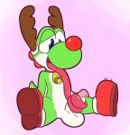  anthro auto_penis_lick balls bell blue_eyes boots clothing collar erection fake_antlers fake_nose footwear genitals hi_res licking long_tongue male mario_bros masturbation nintendo open_mouth open_smile oral oral_masturbation penile penile_masturbation penis reindeer_costume self_lick sitting smile solo spreading tongue tongue_out ultilix video_games yoshi 