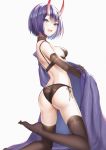  1girl ass back bangs black_bra black_gloves black_legwear black_panties blush bob_cut bra breasts elbow_gloves eyeliner fate/grand_order fate_(series) gloves horns kernel_killer kneeling looking_at_viewer looking_back makeup medium_breasts oni oni_horns open_mouth panties purple_eyes purple_hair short_hair shuten_douji_(fate/grand_order) skin-covered_horns smile thighhighs thighs underwear 