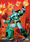  1boy autobot blue_eyes cigar clenched_hand collaboration english_commentary explosion firing gun highres holding holding_gun holding_weapon kup looking_up losineko mecha nick_roche no_humans science_fiction solo the_transformers_(idw) transformers weapon 