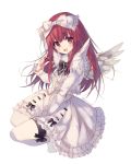  1girl :d black_bow bow commentary deathsmiles dress duplicate feathered_wings frilled_dress frills full_body hair_bow hand_up juliet_sleeves long_hair long_sleeves looking_at_viewer open_mouth puffy_sleeves red_eyes red_hair rento_(rukeai) simple_background single_wing smile solo thighhighs twitter_username very_long_hair white_background white_bow white_dress white_legwear white_wings windia_(deathsmiles) wings 