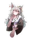  1girl animal_ears black_kimono blush bow fang fingerless_gloves fox_ears fox_girl fur_trim girls_frontline gloves grey_hair hair_bow heart holding_hands japanese_clothes kemonomimi_mode kimono long_hair looking_at_viewer messy_hair mogijabgo official_alternate_costume one_eye_closed one_side_up scar scar_across_eye solo ump45_(girls_frontline) 