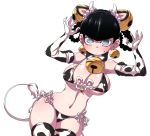  1girl animal_print bell bell_collar bikini black_hair blush braid breasts chinese_zodiac cleavage collar commentary_request cow_horns cow_print cow_tail elbow_gloves front-tie_top frown gloves grey_eyes hanya_(hanya_yashiki) highres horns large_breasts lin_lin_(one-punch_man) looking_at_viewer medium_hair navel one-punch_man side-tie_bikini solo sweatdrop swimsuit tail thighhighs thighs twin_braids year_of_the_ox 