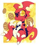  3_fingers 3_toes anthro black_markings bread claws cute_face cute_fangs digimon digimon_(species) extyrannomon_(artist) female fingers food guilmon hi_res markings red_body simple_background solo talons toes video_games yellow_eyes 