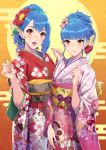  2girls bangs blue_hair blunt_bangs blush closed_mouth commentary_request earrings eyebrows_visible_through_hair floral_print flower hair_flower hair_ornament highres japanese_clothes jewelry kimono long_sleeves minori_(sugarbeat) multiple_girls obi open_mouth orange_eyes original pink_kimono red_kimono sash smile sugarbeat yukari_(sugarbeat) 