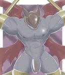  abs anthro arms_tied biceps big_biceps bound cyberdramon digimon digimon_(species) eyeless genitals grey_body hi_res horn legs_tied male mask merong muscular muscular_anthro muscular_male nipples pecs penis scalie smile solo spread_wings teeth vein veiny_penis wings 