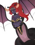  2019 apode black_body black_scales black_sclera bottomwear bra breasts cleavage clothed clothing draconcopode female hair hi_res horn lamia legless loincloth monster_girl_(genre) pregnant pupils purple_body purple_skin red_hair reptile scales scalie serpentine simple_background slit_pupils snake solo split_form underwear webvampi white_background wings yellow_eyes 