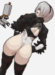  ass black_blindfold blindfold covered_eyes feather-trimmed_sleeves feather_trim juliet_sleeves leotard lol_(harikofu) long_sleeves nier_(series) nier_automata pod_(nier_automata) puffy_sleeves simple_background thighhighs thighhighs_under_boots thong thong_leotard white_background white_hair white_leotard yorha_no._2_type_b 
