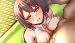  1girl azur_lane baltimore_(azur_lane) baltimore_(black_ace)_(azur_lane) bangs bare_shoulders black_shorts blush braid breast_squeeze breasts brown_hair censored chinese_commentary choker clothed_female_nude_male collarbone commentary_request dark_skin dark_skinned_male day eyebrows_visible_through_hair french_braid hair_between_eyes hetero highres hua-j kneeling large_breasts lens_flare looking_at_viewer lower_body male_pubic_hair mosaic_censoring nose_blush nude paizuri parted_lips penis pubic_hair shadow short_hair shorts sidelocks signature solo_focus sports_bra sports_bra_lift tennis_court tennis_net upper_body white_sports_bra yellow_eyes 