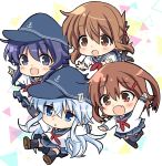  4girls akatsuki_(kantai_collection) anchor_symbol black_hair black_headwear black_legwear blue_eyes blue_sailor_collar blue_skirt brown_eyes chibi commentary_request flat_cap folded_ponytail grey_eyes hat hibiki_(kantai_collection) highres hizuki_yayoi ikazuchi_(kantai_collection) inazuma_(kantai_collection) kantai_collection kneehighs long_hair multiple_girls neckerchief noumi_kudryavka pantyhose pleated_skirt red_neckwear sailor_collar school_uniform serafuku shirt short_hair silver_hair skirt thighhighs white_background white_shirt 