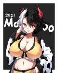  1girl animal_ears animal_print black_background black_hair breasts bright_pupils cleavage cow_ears cow_horns cow_print haori highres horns huge_breasts japanese_clothes looking_at_viewer midriff multicolored_hair navel red_eyes short_hair simple_background smile solo sweat touhou two-tone_hair ushizaki_urumi welchsbinn white_hair 
