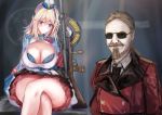 1boy 1girl absurdres blonde_hair blush breasts chauchat chauchat_(girls_frontline) cleavage crossed_legs epaulettes facial_hair girls_frontline goatee highlights highres ian_mccollum jacket large_breasts looking_at_viewer male_focus martinreaction medium_hair military military_uniform multicolored_hair mustache purple_eyes real_life red_jacket short_hair smile solo sunglasses uniform upper_body 
