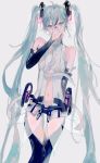  1girl aqua_eyes aqua_hair arm_behind_back bare_shoulders black_gloves black_legwear bridal_gauntlets covering_mouth cowboy_shot genn_00o gloves hair_ornament hand_over_own_mouth hatsune_miku hatsune_miku_(append) highres hip_armor index_finger_raised leotard long_hair looking_at_viewer midriff midriff_cutout navel see-through sleeveless solo standing thigh_gap thighhighs twintails very_long_hair vocaloid vocaloid_append white_leotard 