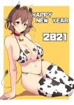  1girl animal_ears animal_print bell bikini blush breasts brown_hair calligraphy cleavage collar cow_ears cow_girl cow_horns cow_print cowbell green_eyes horns huge_breasts large_pasta looking_at_viewer navel original sitting smile solo sweat sweatdrop swimsuit thighhighs yellow_background 