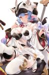  1girl animal_costume animal_ears animal_print bangs blue_hair blush breasts cow_costume cow_ears cow_girl cow_hat cow_hood cow_horns cow_print cow_tail draph ear_piercing granblue_fantasy highres hinahino horns large_breasts long_hair looking_at_viewer micro_shorts navel open_fly piercing pointy_ears shatola_(granblue_fantasy) sheer_clothes shorts simple_background solo tail thighhighs white_background white_legwear white_shorts 