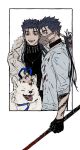  2boys alternate_costume beads blood blood_splatter blue_hair choker cu_chulainn_(fate)_(all) cu_chulainn_(fate/grand_order) dog earrings fangs fate/grand_order fate/stay_night fate_(series) fur-trimmed_jacket fur_trim gae_bolg gloves hair_beads hair_ornament hand_in_another&#039;s_hair holding holding_polearm holding_weapon jacket jewelry lancer leash long_hair looking_at_viewer male_focus mog_pero multiple_boys muzzle nail_polish necklace open_mouth polearm ponytail red_eyes ring smile spiked_hair tattoo tongue tongue_out turtleneck type-moon weapon 