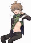  1boy ?? ahoge aji_kosugi bangs between_legs brown_eyes brown_hair brown_jacket brown_pants commentary_request danganronpa:_trigger_happy_havoc danganronpa_(series) feet_out_of_frame green_hoodie hand_between_legs hand_up highres hood hoodie hoodie_lift invisible_chair jacket long_hair long_sleeves looking_at_viewer male_focus monokuma naegi_makoto navel open_mouth pants simple_background sitting solo_focus spiked_hair stomach sweat translation_request white_background 