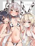  3girls amatsukaze_(kantai_collection) animal_print bikini black_hair blonde_hair blush brown_eyes collarbone cow_print double_v eyebrows_visible_through_hair groin hair_between_eyes highres kantai_collection long_hair multiple_girls navel open_mouth shimakaze_(kantai_collection) short_hair_with_long_locks silver_hair smile swimsuit takanashi_kei_(hitsujikan) tokitsukaze_(kantai_collection) two_side_up v white_bikini yellow_eyes 